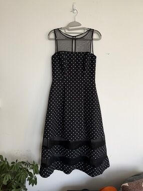 Aidan Mattox Black Polka Dot Crepe Mesh Yoke Fit & Flare A-line Dress